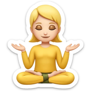 A 3D Apple-style yellow round emoji sitting in a lotus position, eyes gently closed, calm and peaceful smile, hands resting on knees with palms facing upward, relaxed eyebrows, soft glow around the emoji to symbolize inner peace, clean minimal background. sticker