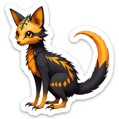 Rare realistic exotic edgy dark gothic gloomy spooky black and orange/yellow epic pretty beautiful handsome gorgeous aesthetic colorful vibrant Vernid-Trico-species-Fakemon-creature by LiLaiRa, 4 legs, 1 tail, random markings, (full body) sticker