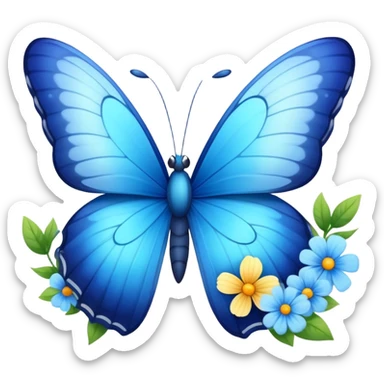 A vibrant blue butterfly with a cute smiling face, fluttering in spring with flowers around sticker