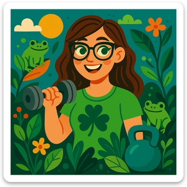 Irish woman with green eyes, brown hair, and glasses, surrounded by nature, frogs, plants, and weight training elements, vibrant illustration style sticker