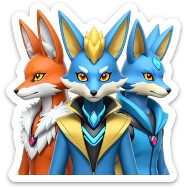 Futuristic modern colorful cyberpunk-Delphox-Zeraora-Lucario-fusion sticker