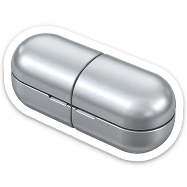 capsule pill emoji, metallic silver halves, smooth glossy finish, futuristic pharmaceutical 3D icon, isolated on white sticker