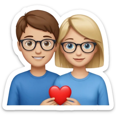 two young lovers, a red heart in the middle, boy with brown hair and glasses, girl blonde with blue eyes without glasses, emoji style sticker