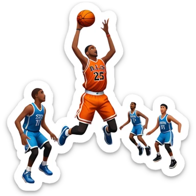 An icon featuring a basketball court with players in action, inspired by NBA 2K25. A player jumps for a dunk, with the ball mid-air. Bright lights illuminate the court, symbolizing the excitement of sports simulation games. Transparent background emphasizes the energy. sticker