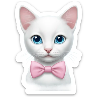 White kitten with light blue eyes wearing a pink bow tie sticker