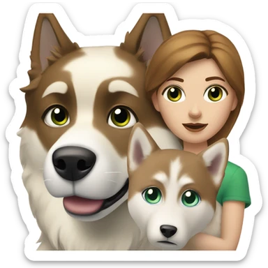 White Woman hair brown and bleus eyes and golden Husky With green eyes sticker