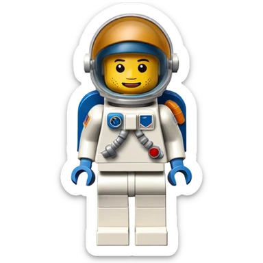 A photorealistic icon featuring a detailed LEGO astronaut figure, with small blocks and accessories, like a space helmet and suit. The figure is positioned in a way that showcases the intricate details of the LEGO design, with colorful blocks and realistic textures. Transparent background. sticker