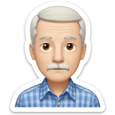 Thin elderly man with light skin. Elongated face with kind expression. Light brown eyes. Thin eyebrows. White goatee and white mustache. Fine straight gray-white hair with bangs, hair is long and goes past his ears. Slim build. Wearing a blue and beige checkered button-up shirt. sticker
