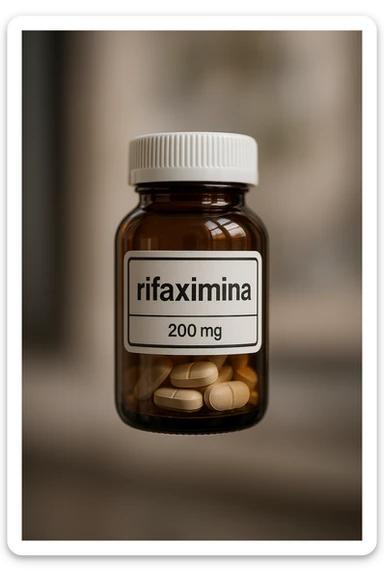 barattolo di medicinale con la scritta "rifaximina" sull'etichetta fluttua in aria, iperrealistico 4k sticker