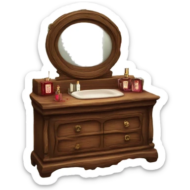 Old wood vanity with dead red roses vintage makeup and perfume  sticker