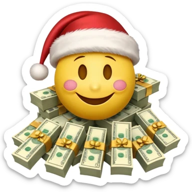 A festive 3D emoji style yellow smiley face wearing a Santa hat, surrounded by stacks of cash and dollar bills, joyful expression, Christmas and New Year theme, high quality, clean design, studio lighting, no text, no background, isolated object, transparent background, emojis.com style sticker