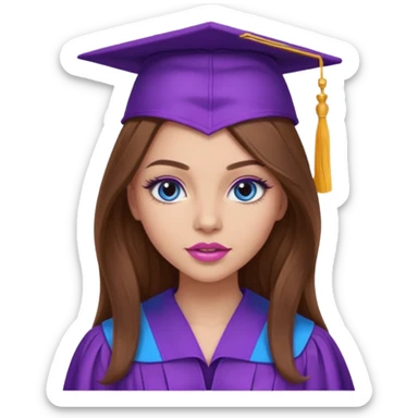 girl with beautiful long brown hair, blue eyes, long lashes makeup, sexy pink lips, wearing a purple graduation cap and gown sticker