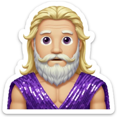 Zeus from Olympus Gods with long blonde wavy hair and beard, purple sequin loincloth sticker