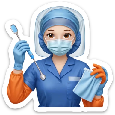 A meticulous cleanroom worker dressed in full protective gear, including a blue sterile suit, a face mask, a hairnet, and orange gloves.  wipe  in her hand. sticker