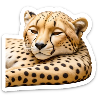 Meme-Worthy Cute Sleeping Cheetah Portrait Emoji, Head resting peacefully with a contented smile, showcasing a lean, muscular build and a luxuriously soft golden spotted Fur, eyes shut in a serene, restful nap, Simplified yet hilariously adorable features, highly detailed, glowing with a soft, drowsy light, high shine, relaxed and utterly lovable, stylized with an air of playful laziness, bright and heartwarming, soft glowing outline, capturing the essence of a comically sleepy cheetah, so meme-worthy it feels like it could instantly become the next viral sensation of adorable slumber! sticker