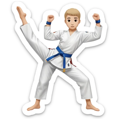 teenager performing a high kick in a white Tae Kwon Do uniform with a colored belt sticker