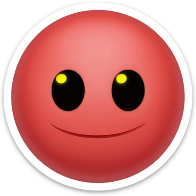 Red circle which has no eyebrows is smiling and has horns and has black eyes with yellow purpis sticker