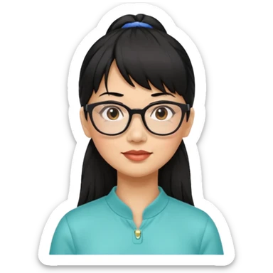 filipino woman black hair in one pony tail with straight bangs and big glasses, 50 yr old sticker