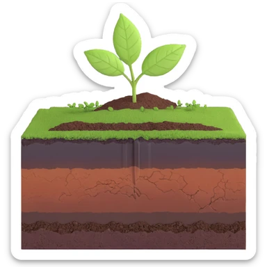 A fresh green leaf resting on the surface of a cross-section of the Earth, where soil and underground layers are visible beneath. Natural lighting, realistic textures. sticker