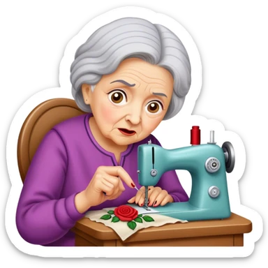 Grandmother pricks finger sewing rose embroidery, shocked, pained, looking forward. sticker