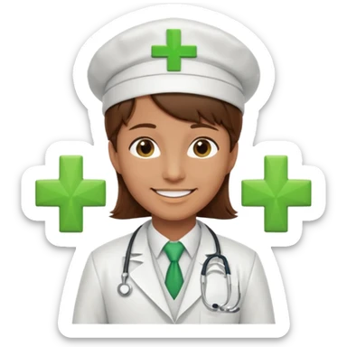 a doctor in white suit with a doctor hat with green cross brown hair sticker