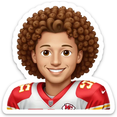 Patrick Mahomes, Kansas City Chiefs quarterback with curly hair, smiling sticker