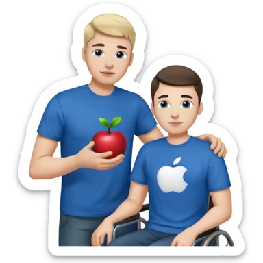 A guy in a blue Apple T-shirt, helping a disabled person who is ugly sticker