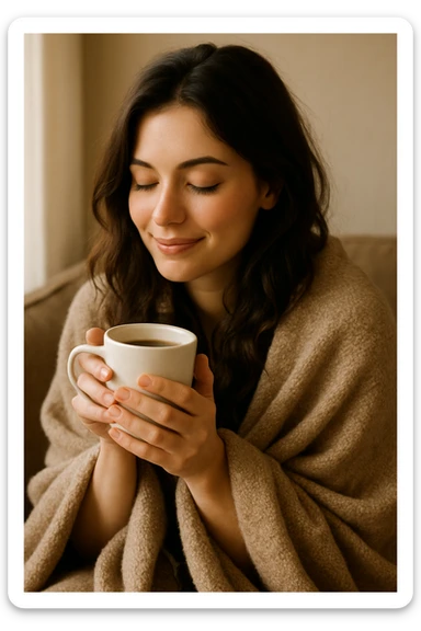 charming brunette girl wrapped in a blanket, enjoying coffee, peaceful and comfortable mood sticker