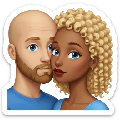 bald head man with brown eyes and beard kissing African woman with blue eyes and curly blonde hair sticker