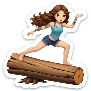 cute woman long wavy brown hair tattoos balancing on log sticker