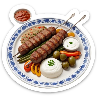 Cinematic Realistic image of a long, hand shaped Turkish Köfte, rendered with richly spiced meat textures and subtle grill marks, artfully arranged on a traditional Turkish ceramic plate alongside classic sides such as a serving of aromatic pilaf, crisp grilled vegetables, and a dollop of creamy yogurt, all bathed in warm, appetizing lighting that emphasizes its savory allure. sticker