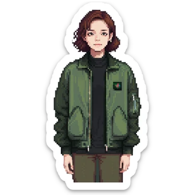 dark olive green jacket over a lighter green top sticker