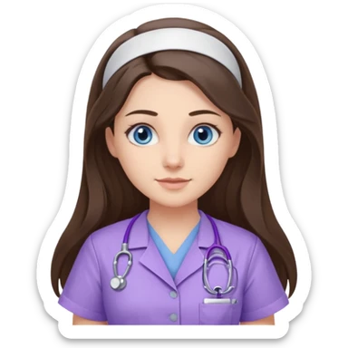 pretty brunette nurse with long hair and blue eyes in lilac scrubs sticker