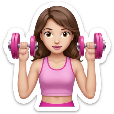 girl with wavy long brown hair, brown eyes, light to medium complexion, long lashes, light pink lipstick, wearing light pink shirt, lifting a pink dumbbells in a sports top sticker