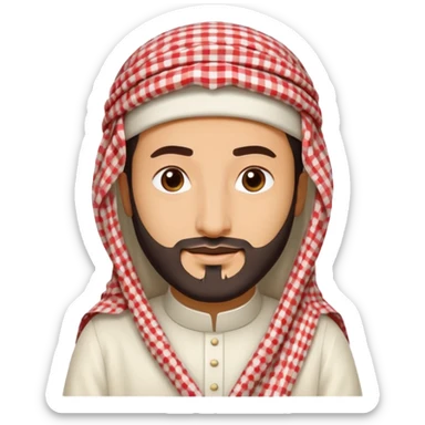 Crown Prince Mohammed bin Salman as an Apple iPhone emoji, clean and soft vector style, round face, simplified facial features, friendly and expressive, wearing a white thobe and red-and-white checkered shemagh, flat colors, minimal shading, high-resolution sticker