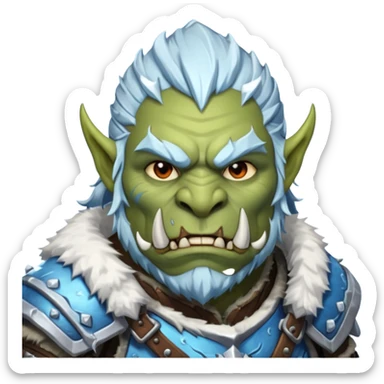 Fantasy Christmas orc portrait icon, frost clan warrior style, winter fur armor, icy details, strong brutal face, snowy battlefield mood, clean emoji style, male/female variant sticker