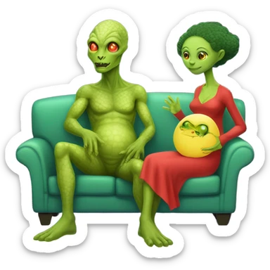 Hyper Realistic: reptilian alien woman in red dress,pregnant, sitting on a jellow couch, and human man white skin sticker
