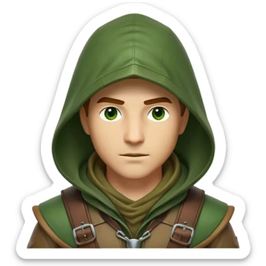 Clash of Clans aesthetic friendly Ranger Portrait Emoji, With a lean, agile build clad in earth-toned leather and green accents, a keen, focused gaze and a weathered hood shadowing determined eyes, his face rendered in a natural skin tone (not yellow), Simplified yet sharply defined features, highly detailed, glowing with a soft, natural woodland radiance, high shine, intelligent and resolute, stylized with an air of forest guardian authority, focused and alert, soft glowing outline, capturing the essence of a confident ranger ready to defend the wild with stealth and valor! sticker
