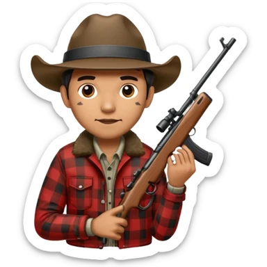 Man wearing buffalo plaid jacket with plaid hat, holding rifle sticker