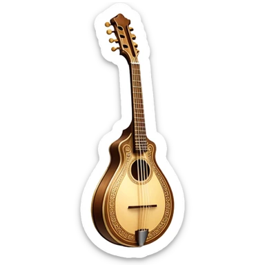 Bouzouki – Cinematic Realistic Bouzouki, depicted as a beautifully crafted Greek string instrument with a long neck and ornate fretwork, its polished wooden body reflecting warm golden light, set on a rustic background with soft shadows that evoke traditional Mediterranean music. sticker