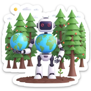 emoji showing a robot holding a globe with trees and solar panels symbolizing AI and natural resources sticker