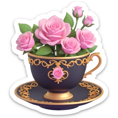 3D gothic teacup with pink roses, ornate and elegant sticker