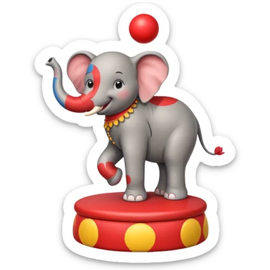 Create a cute emoji of a smiling cartoon elephant balancing a red patterned ball on its trunk while standing on a colorful circus platform. Use a simple, rounded emoji style with clean lines and bright colors. sticker