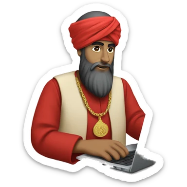 A caliph with turban and red clothes writing in a laptop sticker