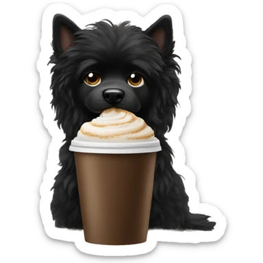 Black fluffy dog drinking Starbucks  sticker