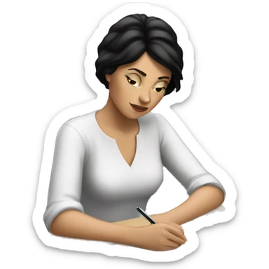 white woman with short black hair writing  a notebook on a desk sticker