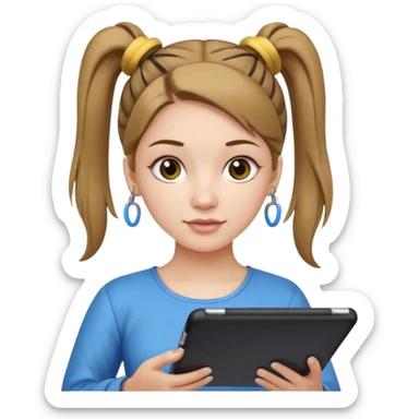 woman with two ponytails hair with tablet sticker