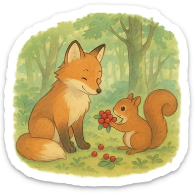 fox and squirrel sharing berries, forest friendship scene, soft pastel colors, ghibli style sticker