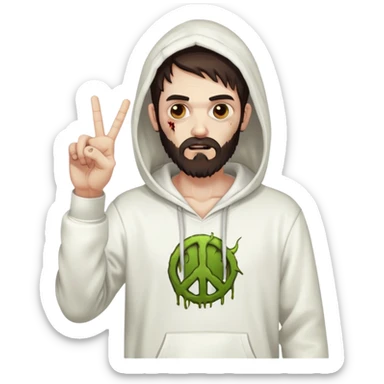 zombie with peace sign gesture wearing white hoodie, with dark brown hair and short full beard sticker