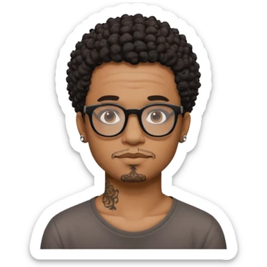Black man emoji with short curly hair, black glasses, small neck tattoo, artistic and adventurous vibes sticker